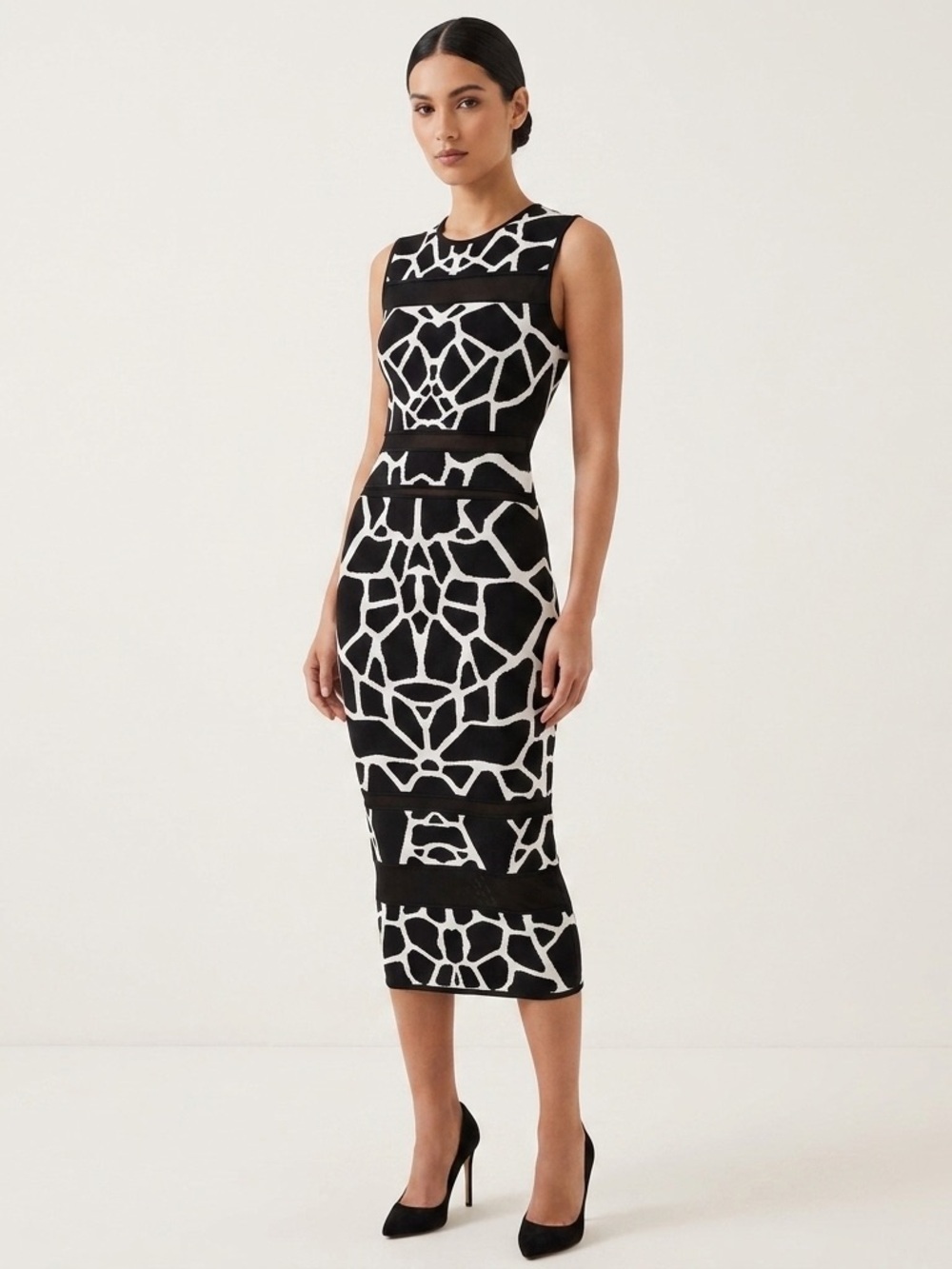 RVN Bodycon Stretch Midi Dress in Black and White Geometric Women’s Size XS